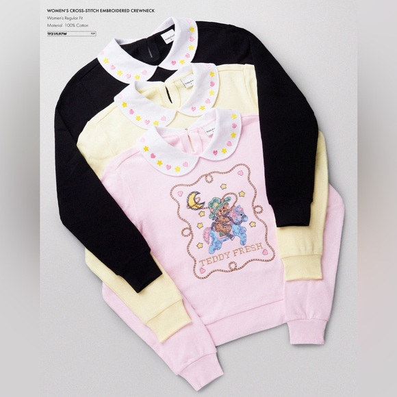 RARE Teddy Fresh Embroidered Cross Stitch Collared Sweatshirt Pink Size XL EUC - Picture 1 of 4
